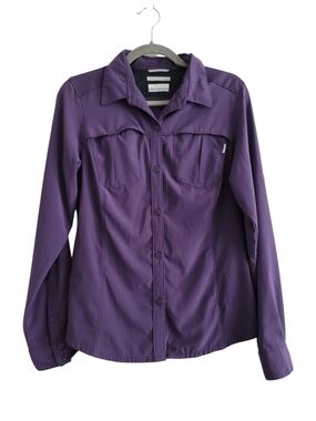 Columbia Women Medium Purple Button Front Roll Tab Sleeve Hiking Outdoor Shirt
